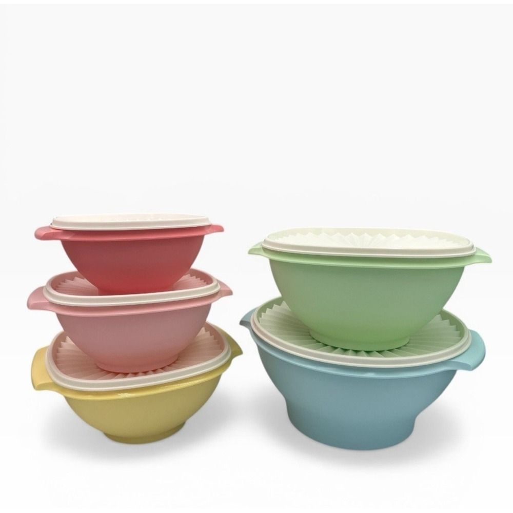 NEW Tupperware Nesting Servalier Bowls Pastel Set of 5 Pink Blue Mint Yellow
